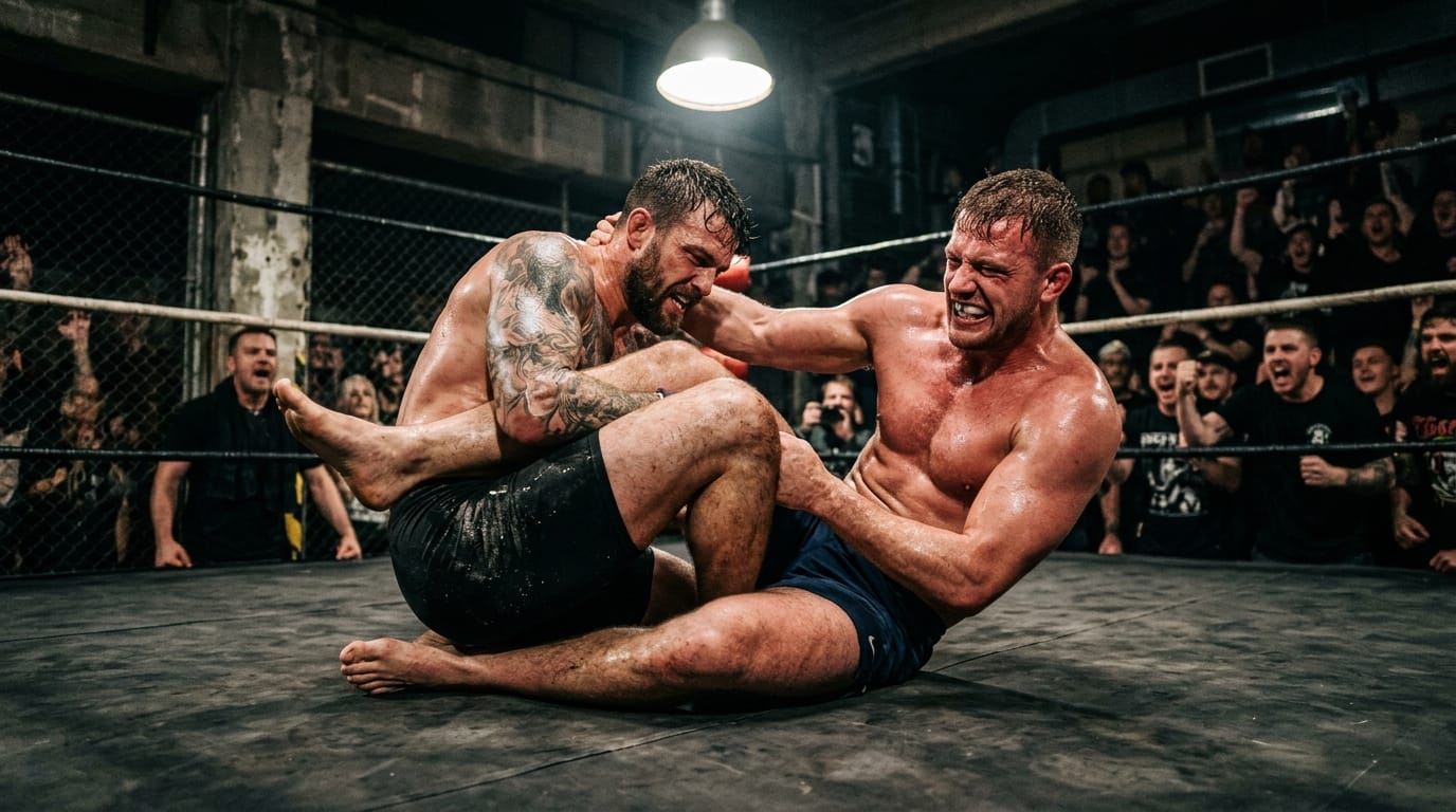 A photorealistic underground wrestling match, two fighters grappling in a complex submission hold, extreme physical exertion, sweat and liquid details on skin, aggressive facial expressions, harsh overhead spotlight, gritty realistic photography.