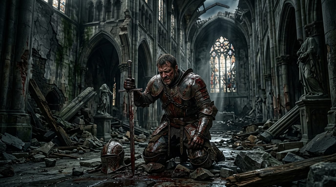 A hyper-realistic cinematic shot of a dark fantasy warrior in a ruined gothic cathedral, extreme environmental destruction, crumbling stone pillars, blood splatter on rusted armor, intense agonizing expression, dark moody lighting, 8k resolution, highly detailed textures.