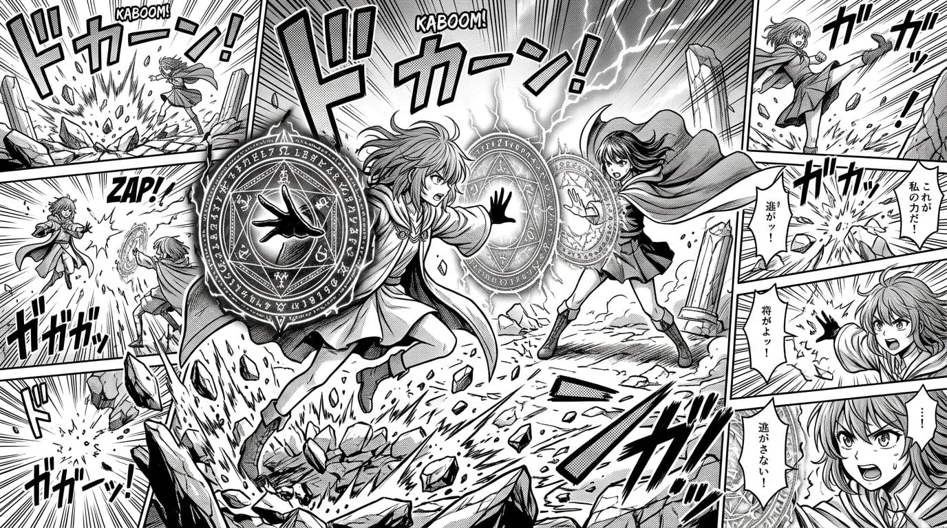 Masterpiece, best quality, monochrome manga style, dynamic angle, 2girls, intense magical combat, dynamic poses, shattered ground, flying debris, elaborate magical circles, dramatic lighting, high contrast shading, screentone textures, Japanese manga panel layout, floating text bubbles.