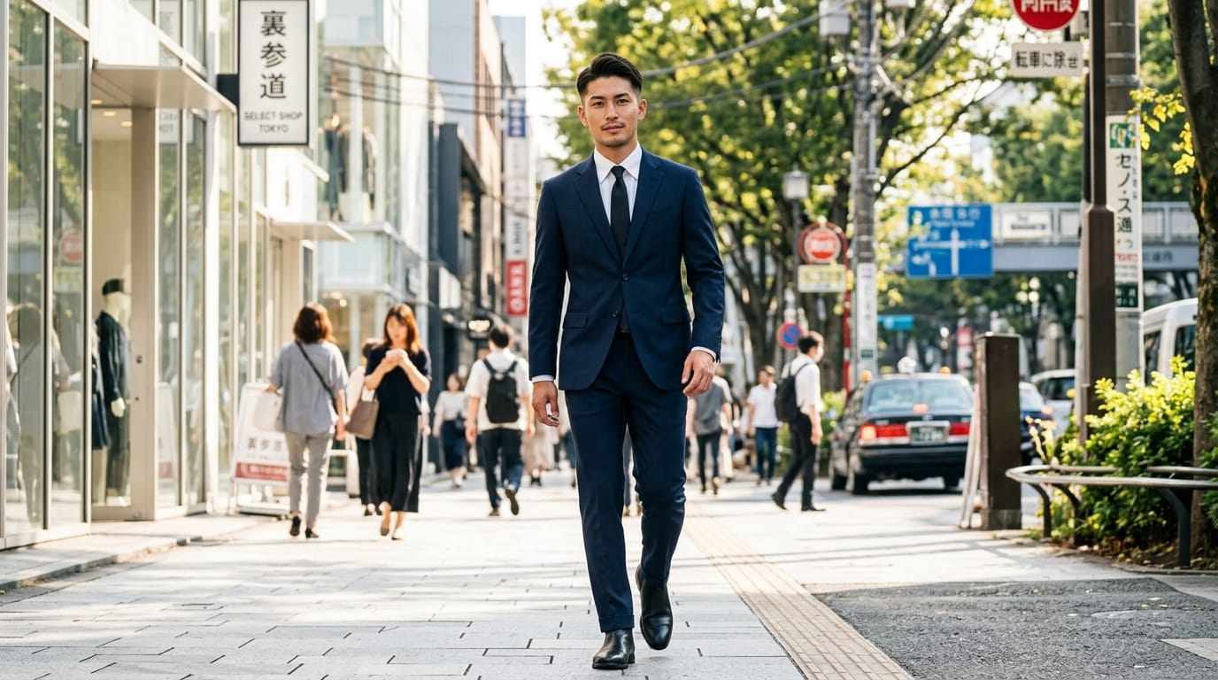 Fashion photography of a stylish young man in a tailored minimalist suit, walking down a sunlit Tokyo street. Natural sunlight, highly detailed facial features, realistic fabric textures, editorial magazine style, sharp focus.