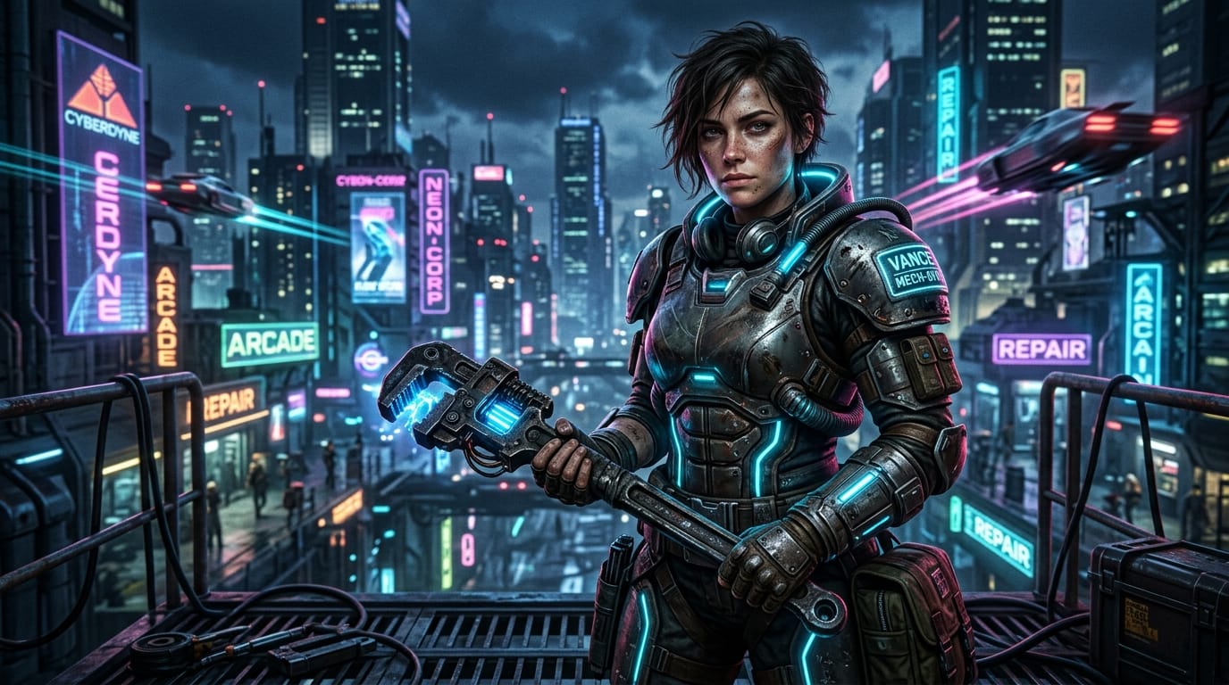 A highly detailed semi-realistic portrait of a female sci-fi mechanic, wearing worn-out futuristic armor with glowing neon blue accents, holding a heavy plasma wrench. Cinematic lighting, cyberpunk city background, depth of field, 8k resolution, photorealistic face and hands.