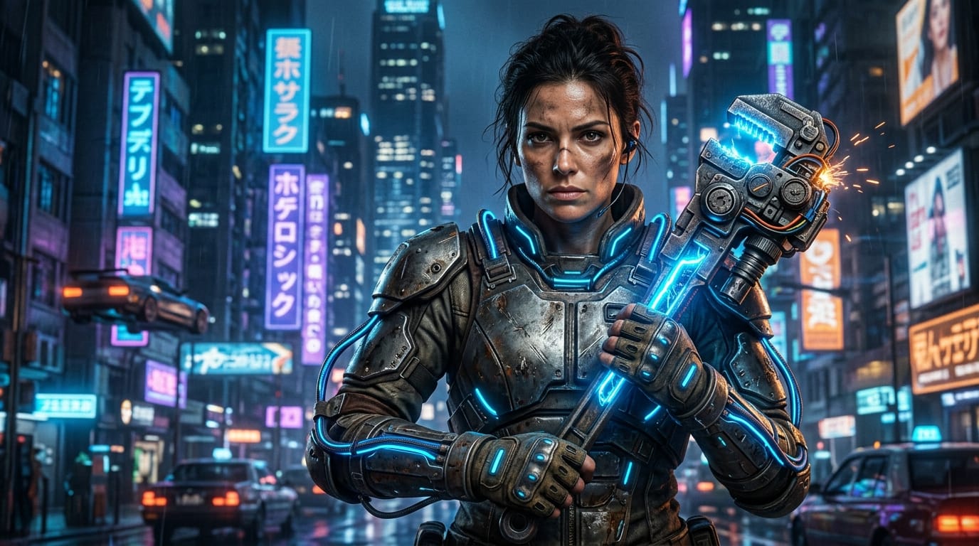 A highly detailed semi-realistic portrait of a female sci-fi mechanic, wearing worn-out futuristic armor with glowing neon blue accents, holding a heavy plasma wrench. Cinematic lighting, cyberpunk city background, depth of field, 8k resolution, photorealistic face and hands.