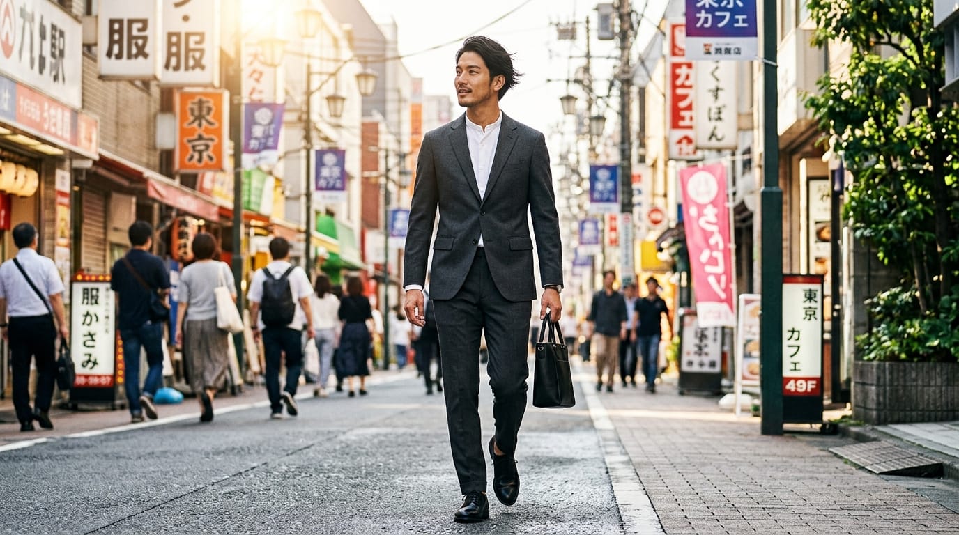 Fashion photography of a stylish young man in a tailored minimalist suit, walking down a sunlit Tokyo street. Natural sunlight, highly detailed facial features, realistic fabric textures, editorial magazine style, sharp focus.