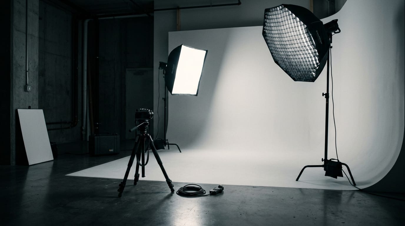 A slow panning shot of a minimalist photography studio setup, seamless white backdrop, softbox lights turned on, moody cinematic atmosphere.