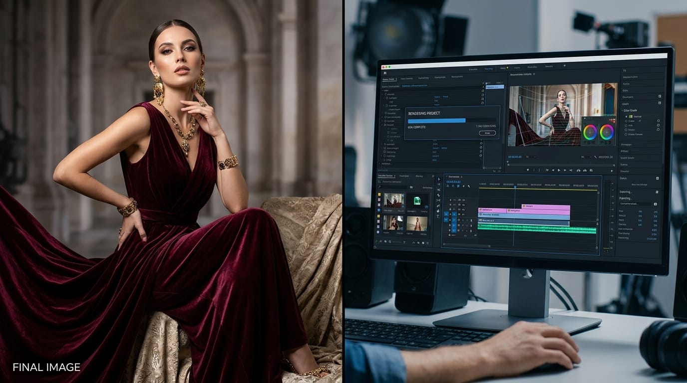A split screen showing a static high-end commercial fashion photograph and a dynamic video rendering process, emphasizing digital workflow.