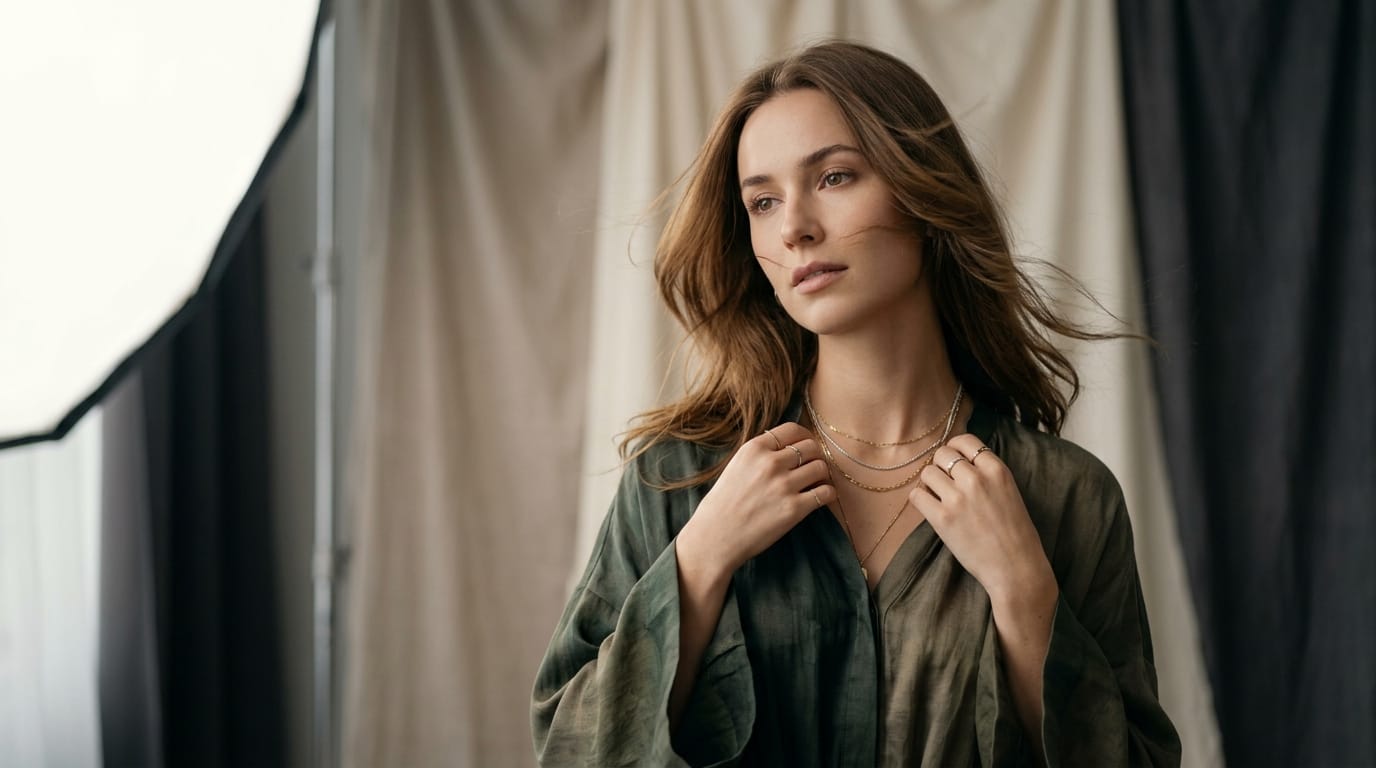 A fashion editorial portrait of a woman, subtle wind blowing her hair, soft studio lighting, slow motion, elegant atmosphere.