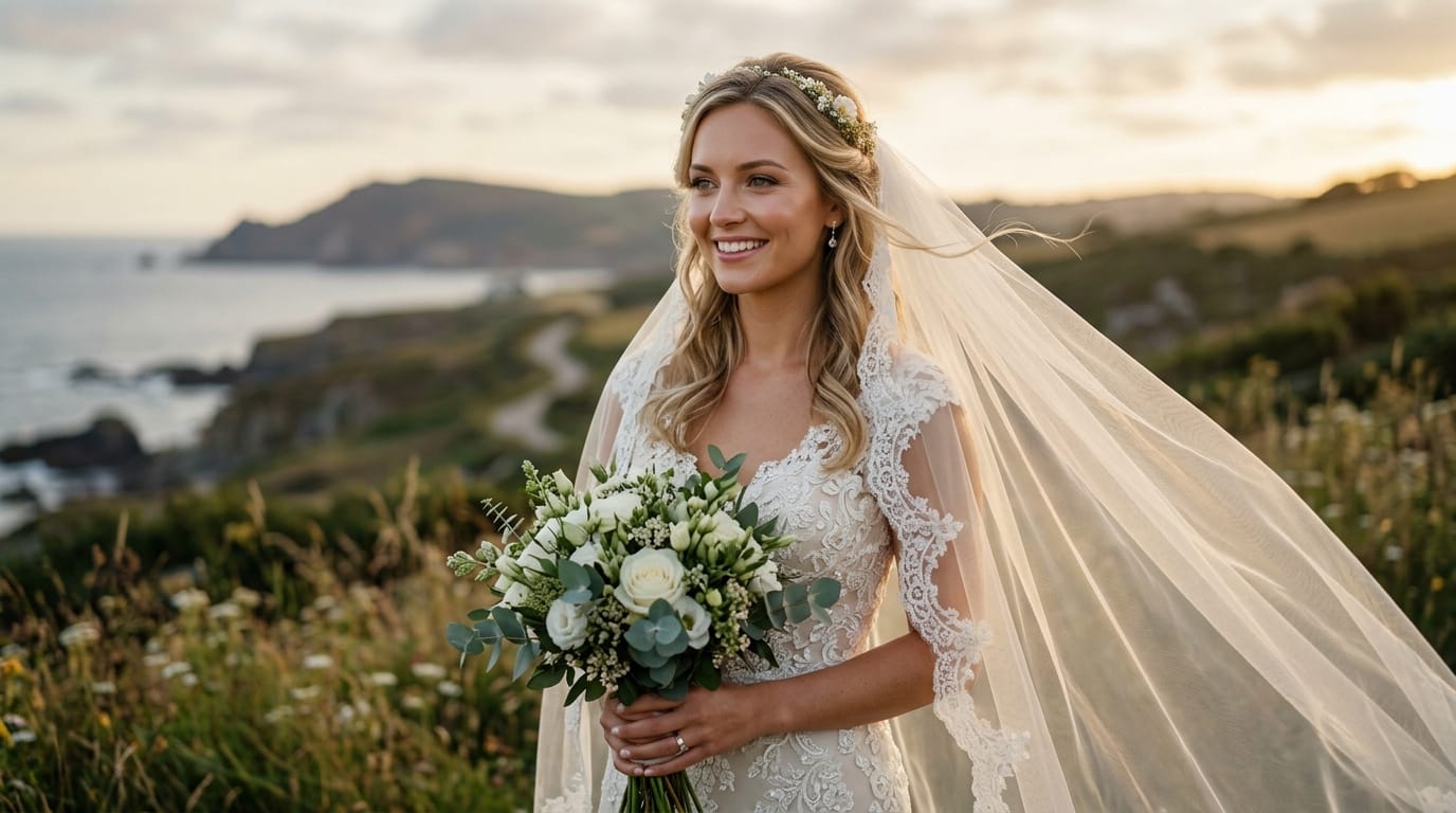 A beautifully retouched portrait of a bride, gentle breeze moving her veil, cinematic lighting, photorealistic, subtle natural movement.