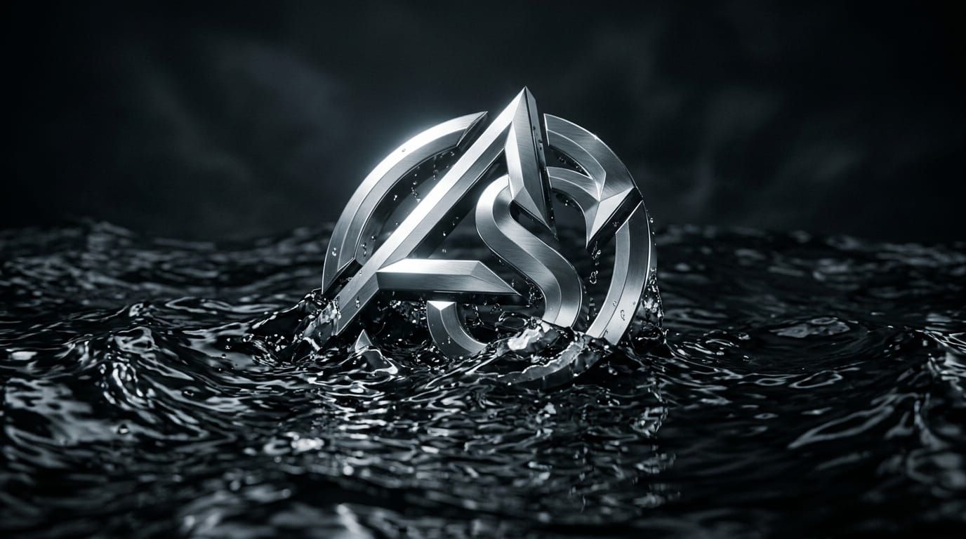 The logo slowly emerges from a surface of dark rippling water, metallic silver reflections catching the light, sleek and modern motion, dark cinematic atmosphere, smooth fluid dynamics.