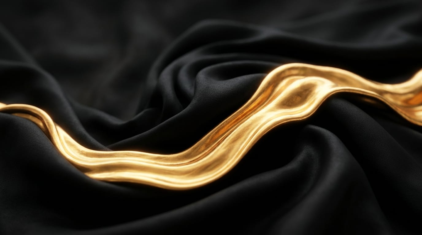 A continuous slow-motion flow of liquid gold and matte black silk intertwining, soft studio lighting, luxurious and premium aesthetic, shallow depth of field, smooth elegant movement, high-end fashion brand visual.