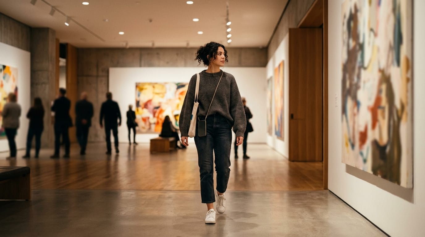 A handheld camera shot following a person walking through a modern art gallery, blurred background, warm ambient lighting, natural human movement, contemporary lifestyle brand aesthetic, cinematic depth of field.
