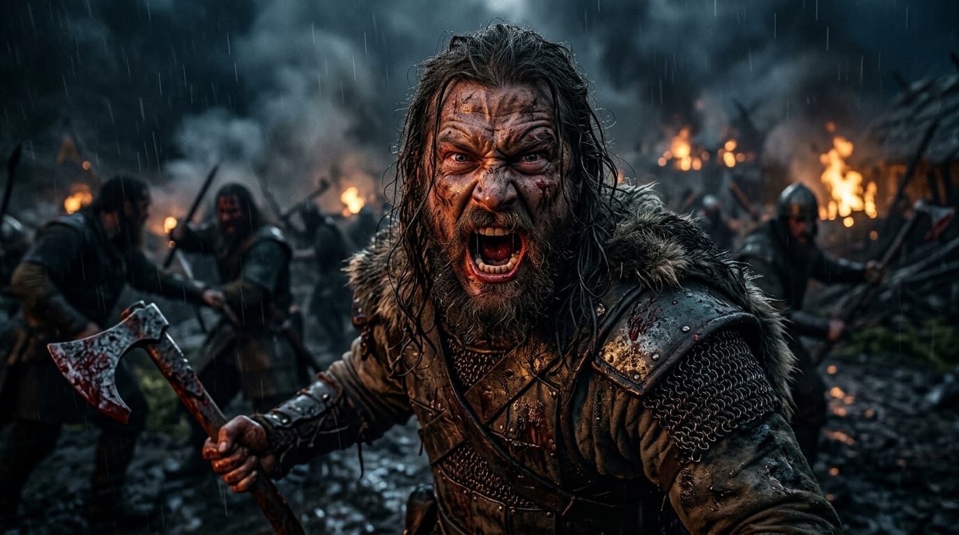 hyper-realistic cinematic shot, a battle-worn warrior covered in dirt and sweat, extreme facial expression of rage, highly detailed skin pores, dynamic lighting, dark gritty environment, 8k resolution, raw photo