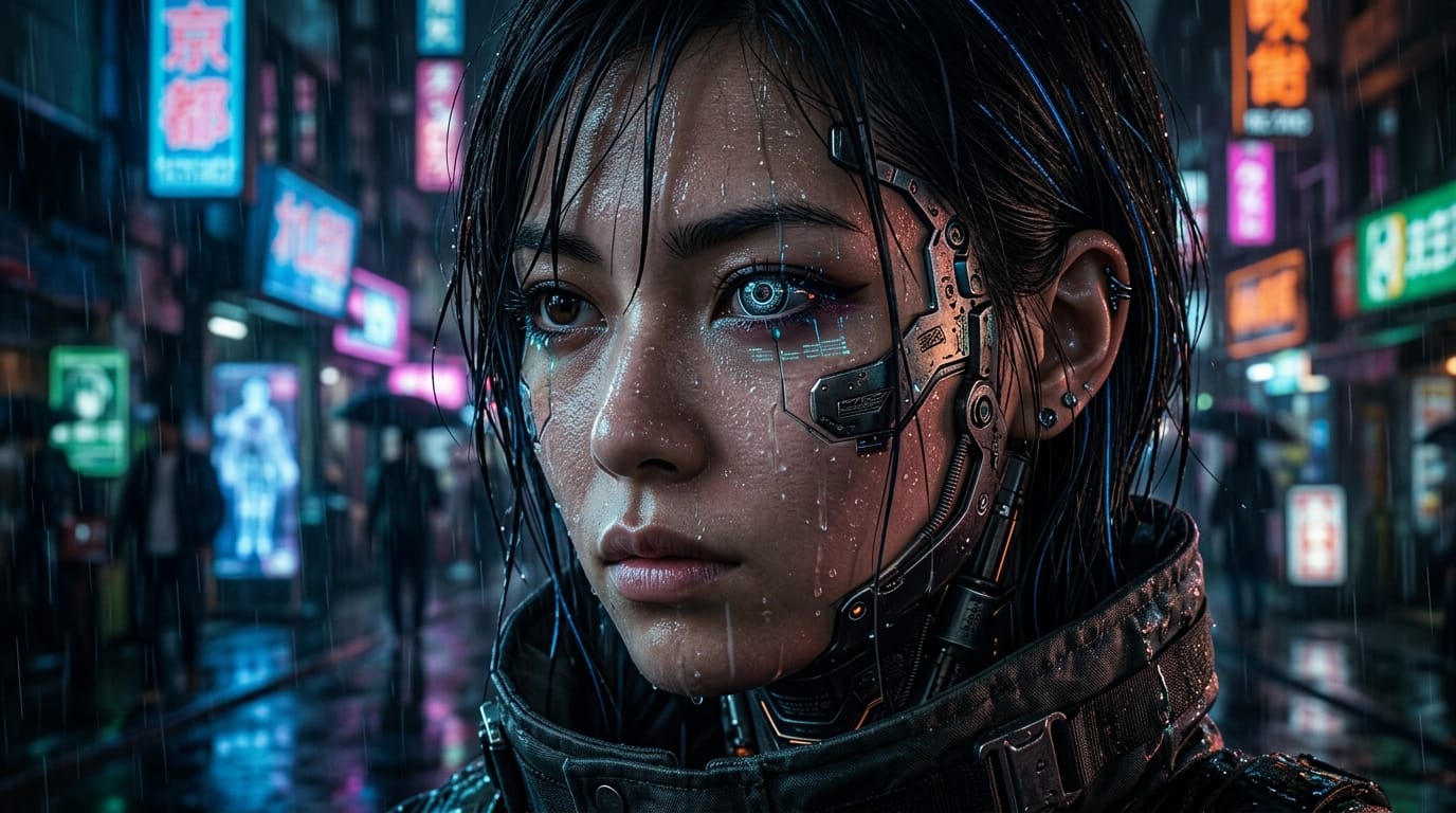 A hyper-realistic close up portrait of a cyberpunk character, neon lights reflecting on wet skin, cybernetic implants with intricate metal details, dark cinematic lighting, 8k, photorealistic