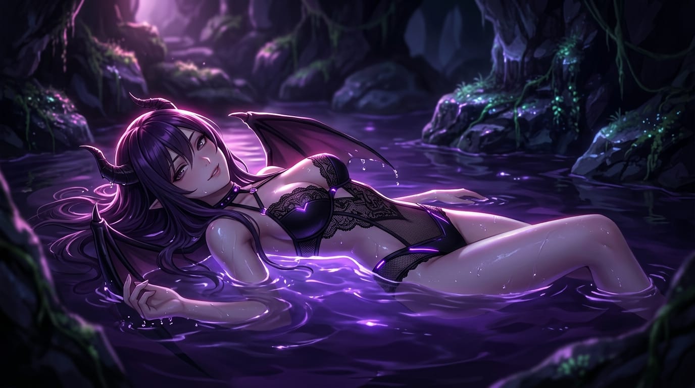 Best quality, ultra-detailed, 1girl, anime succubus, floating in a dark magical pool, glowing purple water, wet skin, intricate black lace swimwear, glowing neon accents, seductive expression, dramatic rim lighting, cinematic angle, erotic atmosphere, fantasy concept art.