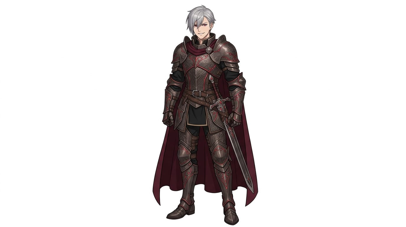 Masterpiece, high quality, 1boy, handsome anime male, silver hair, red eyes, wearing a dark fantasy knight armor, confident smirk, standing straight, full body shot, simple solid white background, flat lighting, character concept art.