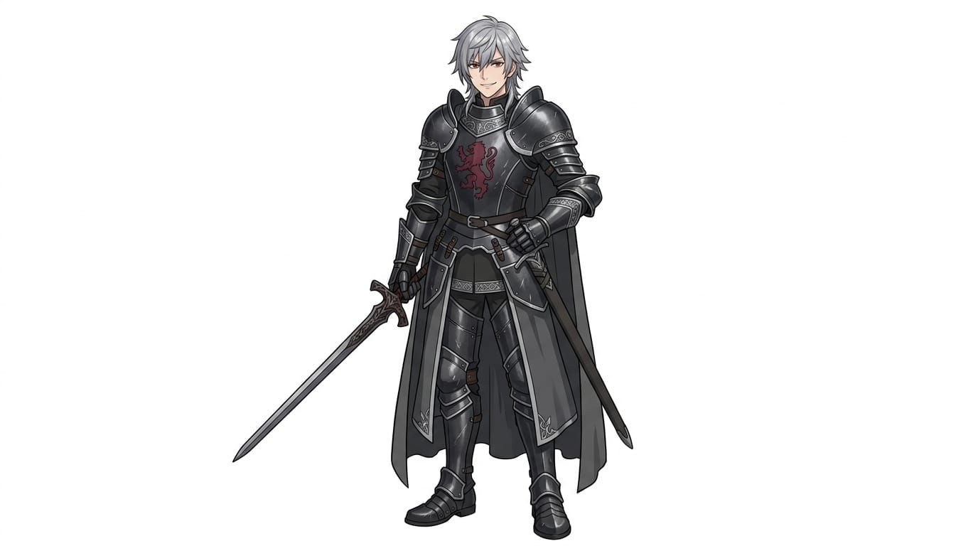 Masterpiece, high quality, 1boy, handsome anime male, silver hair, red eyes, wearing a dark fantasy knight armor, confident smirk, standing straight, full body shot, simple solid white background, flat lighting, character concept art.