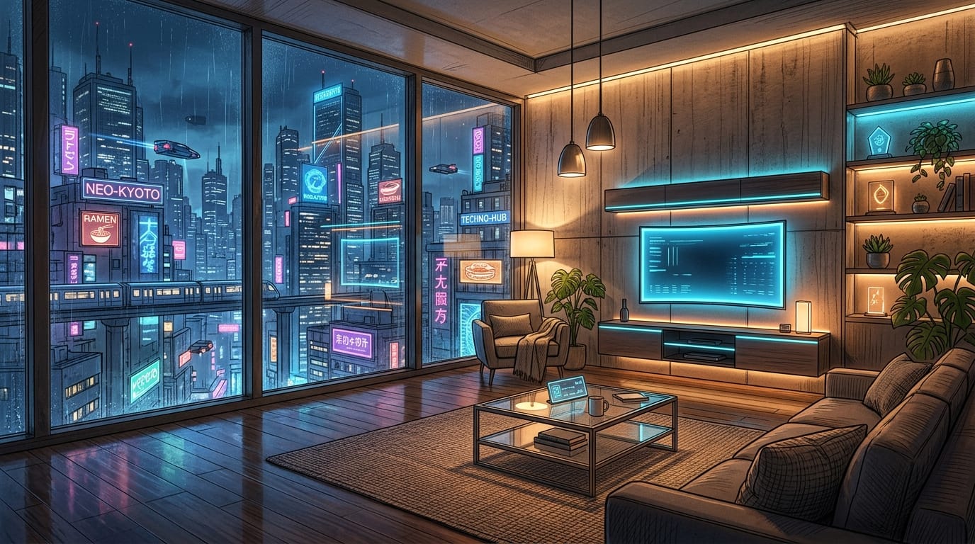 A futuristic living room interior, cozy lighting, minimalist furniture, large windows overlooking a cyberpunk city, neon accents, architectural concept sketch turned into a 3D render.