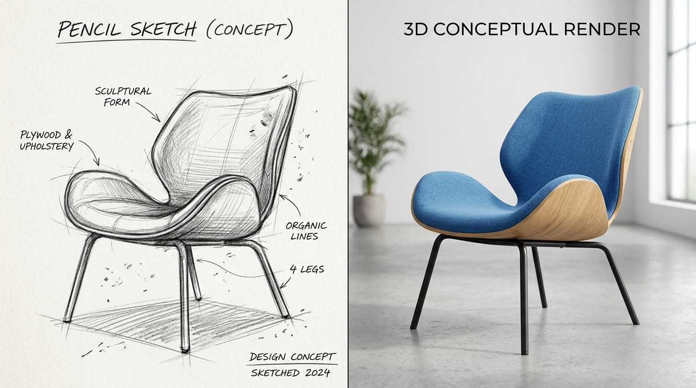A split-screen comparison showing a rough pencil sketch of a modern chair on the left, and a quick, vibrant 3D conceptual render of the same chair on the right, bright studio lighting, minimalist background.