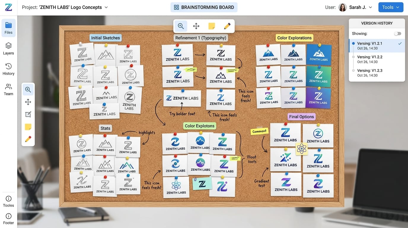 A digital workspace showing multiple fast iterations of a logo concept pinned to a virtual corkboard, showcasing rapid visual brainstorming, clean UI interface.