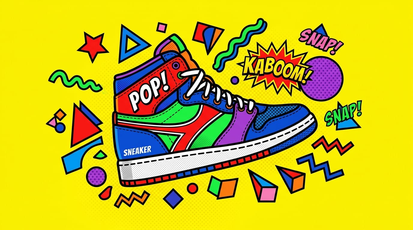 A vibrant pop-art style illustration of a sneaker surrounded by floating geometric shapes, bright yellow background, bold colors, simple flat shading.