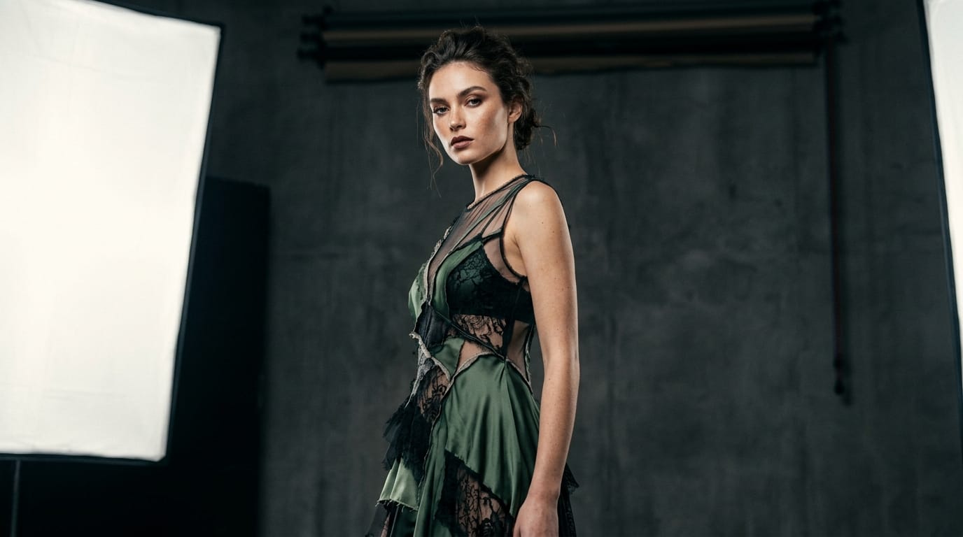 Masterpiece, high-end commercial photography, highly detailed skin texture, intricate lace and silk clothing deconstruction, cinematic studio lighting, soft shadows, realistic fabric physics, extremely detailed eyes, 8k, ultra-sharp.