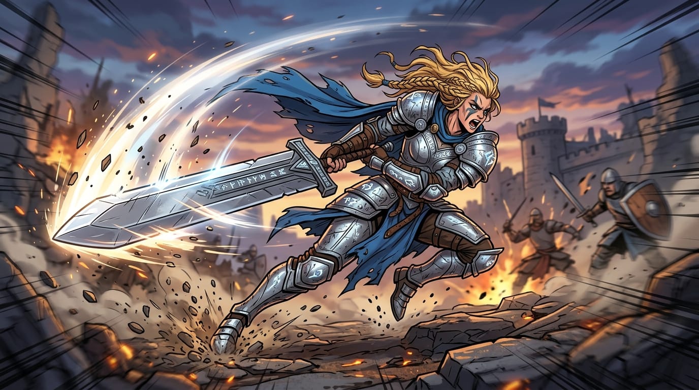 A fantasy female warrior in silver armor swinging a massive broadsword, dynamic camera angle, motion blur, cel-shaded animation style, high energy movement.