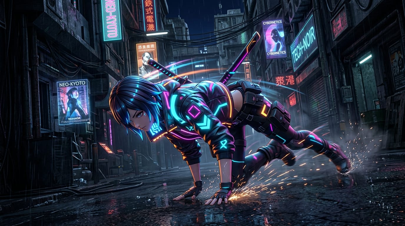 A dynamic 3D anime style character design of a cyberpunk rogue, neon glowing jacket, performing a quick combat roll, fluid motion, high frame rate, dark futuristic alleyway background.