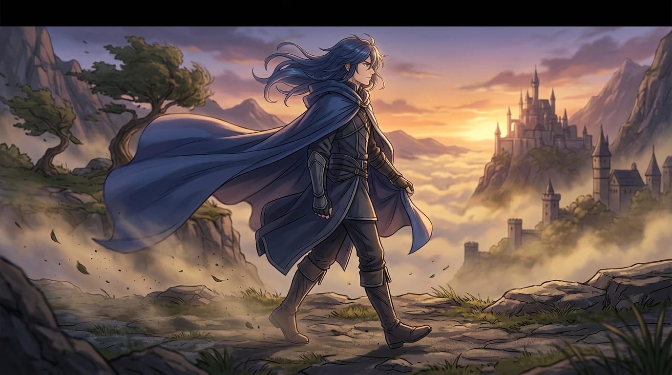Animate the character performing a slow walking cycle, wind blowing through the hair and cape, cinematic lighting, maintaining the original anime art style, smooth transition.