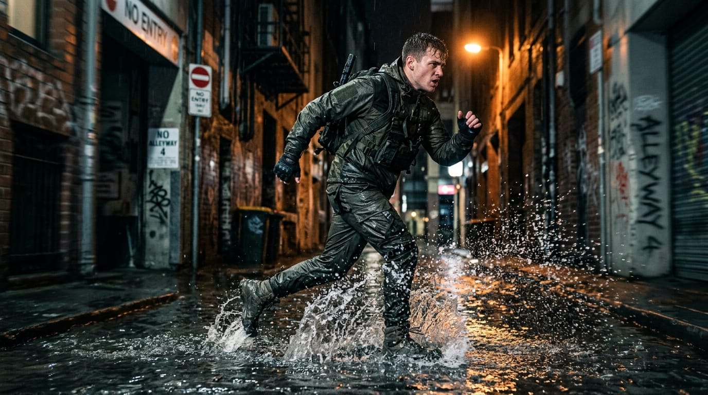 A dynamic mid-action shot of a young man running through a flooded alleyway, splashing water droplets in sharp focus, wearing a tactical urban outfit, dramatic high contrast lighting, cinematic motion blur in the background, realistic clothing folds, intense expression