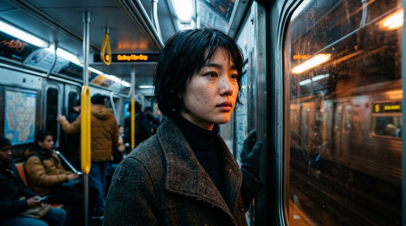 A cinematic close up portrait of a young female protagonist with short black hair standing in a subway train, cinematic blue and orange lighting, highly detailed skin texture, subtle reflection on the train window, realistic fabric details on her winter coat, melancholic and cinematic atmosphere