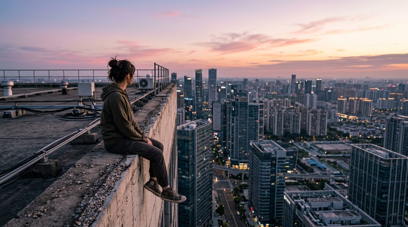 A wide cinematic shot of a solitary girl sitting on a rooftop edge overlooking a vast modern city at dawn, soft pink and purple sky, wearing casual streetwear, realistic architectural details in the background, sharp focus on the character, 85mm lens, photorealistic