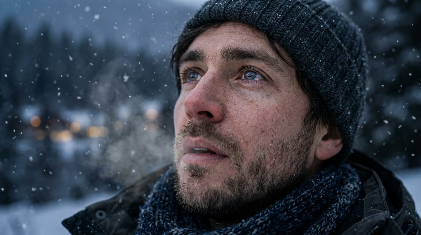 An extreme close up of a male character looking up at the falling snow, soft winter lighting, highly detailed eyes with distinct reflections, visible breath in the cold air, realistic skin pores and texture, cinematic depth of field, emotional and serene