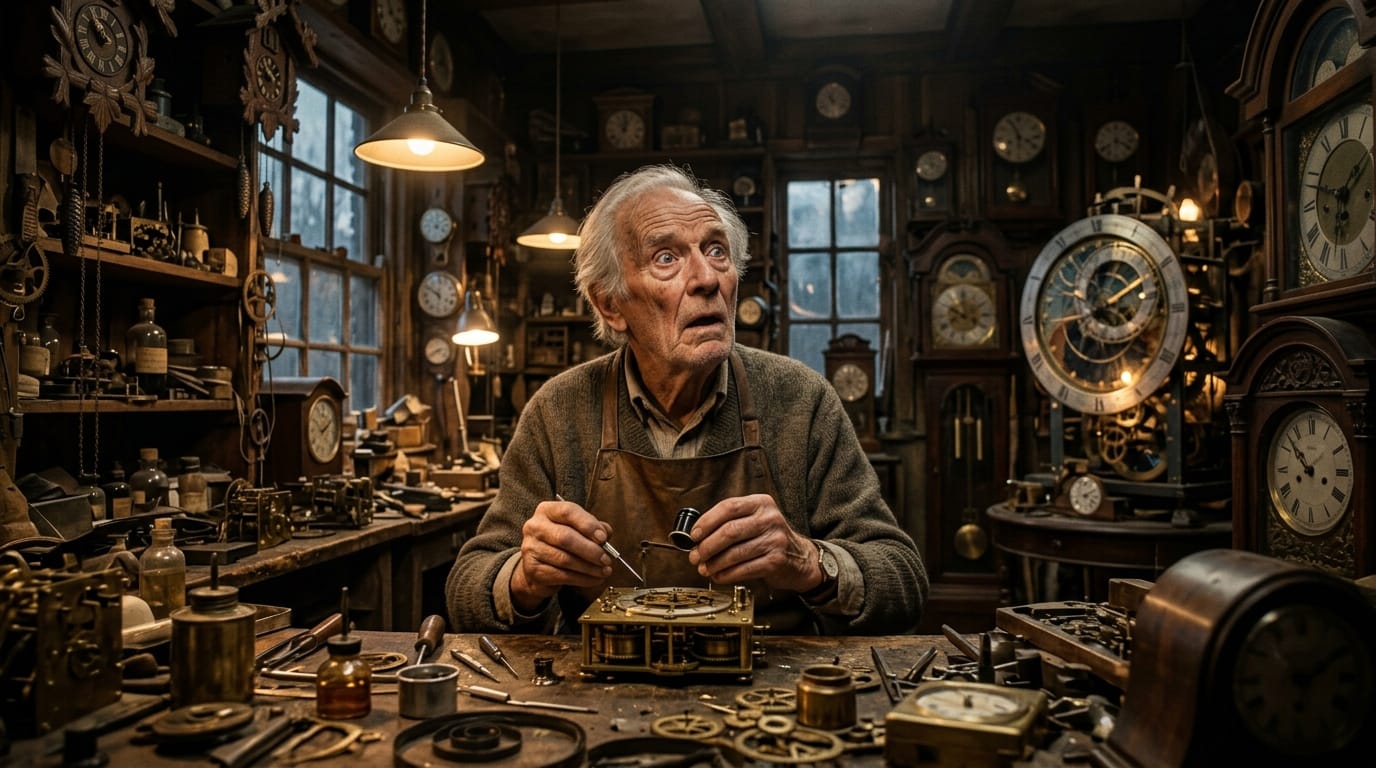 A cinematic medium shot of an elderly clockmaker in a dimly lit, dusty workshop. He looks up in surprise, his facial micro-expressions showing awe. The ticking of dozens of clocks and a sudden mechanical whirring sound can be heard.