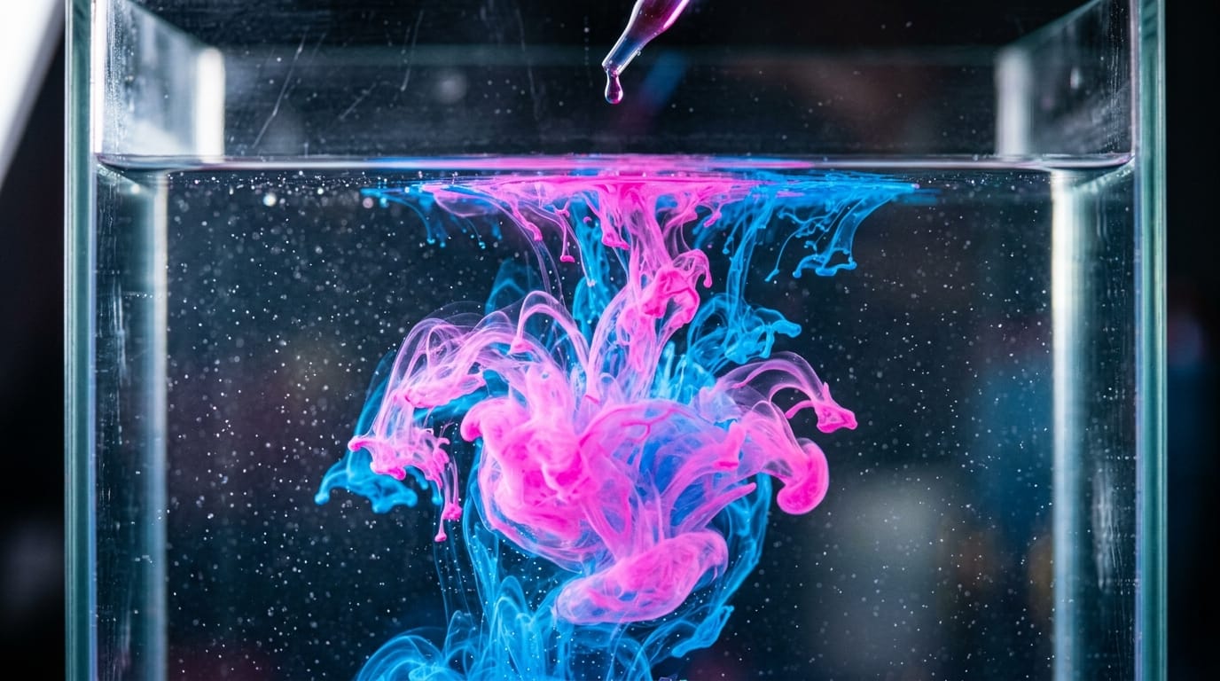 A realistic macro shot of ink dropping into clear water, swirling in slow motion with vibrant neon pink and electric blue colors. Soft studio lighting, highly detailed, accompanied by a soft underwater bubbling sound.