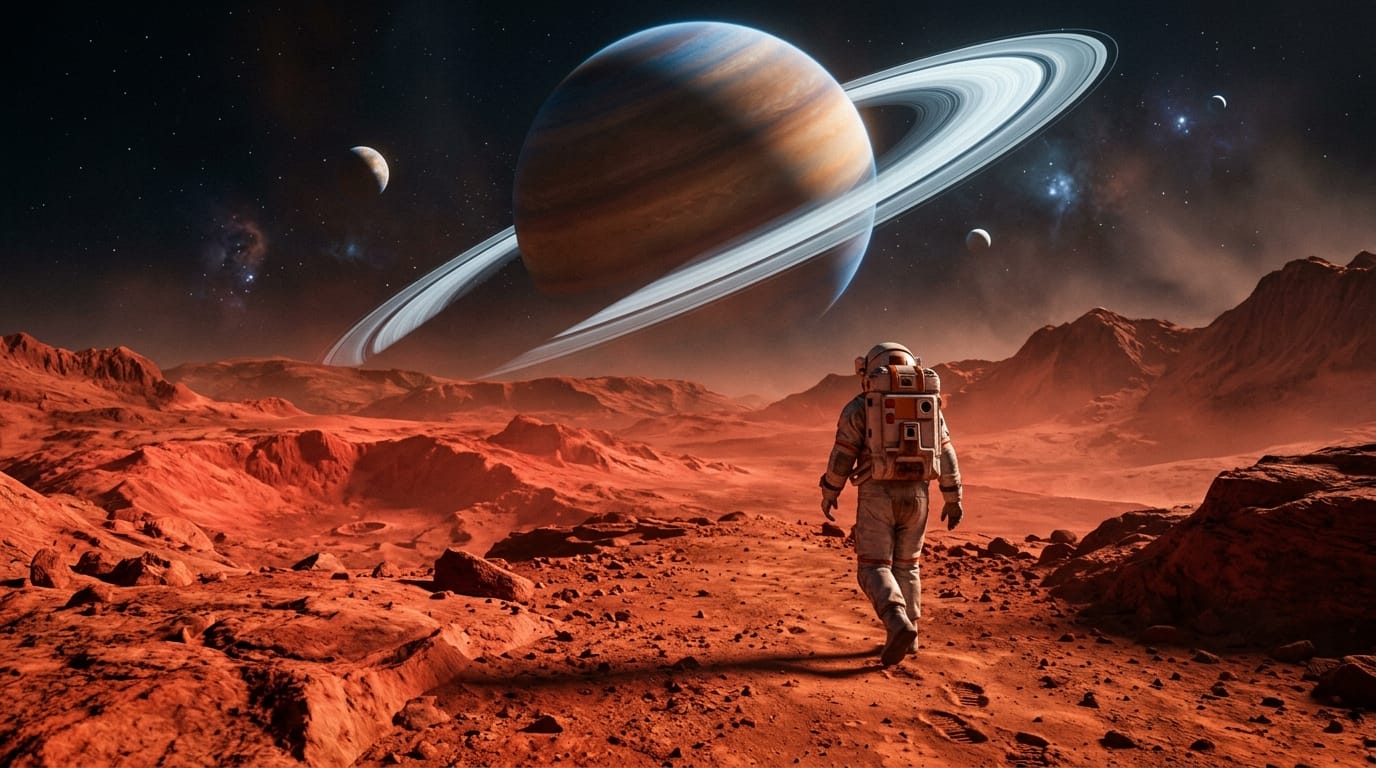 A cinematic tracking shot of a lone astronaut walking across a barren, glowing red alien landscape. The camera slowly pans up to reveal a massive, ringed planet in the sky. Ambient wind howling and footsteps crunching on alien soil.