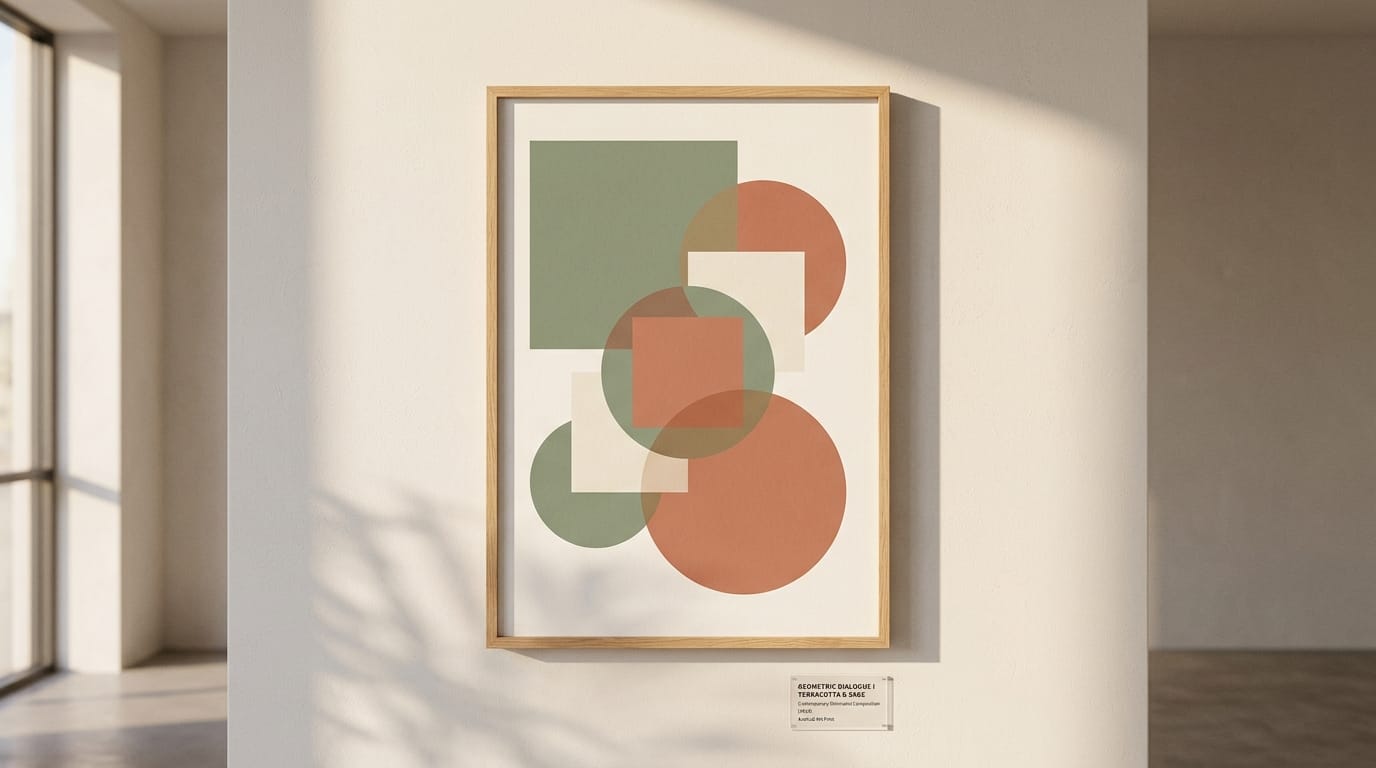 A minimalist geometric composition with overlapping circles and squares, soft terracotta and sage green colors, warm afternoon sunlight casting long realistic shadows, contemporary museum art print