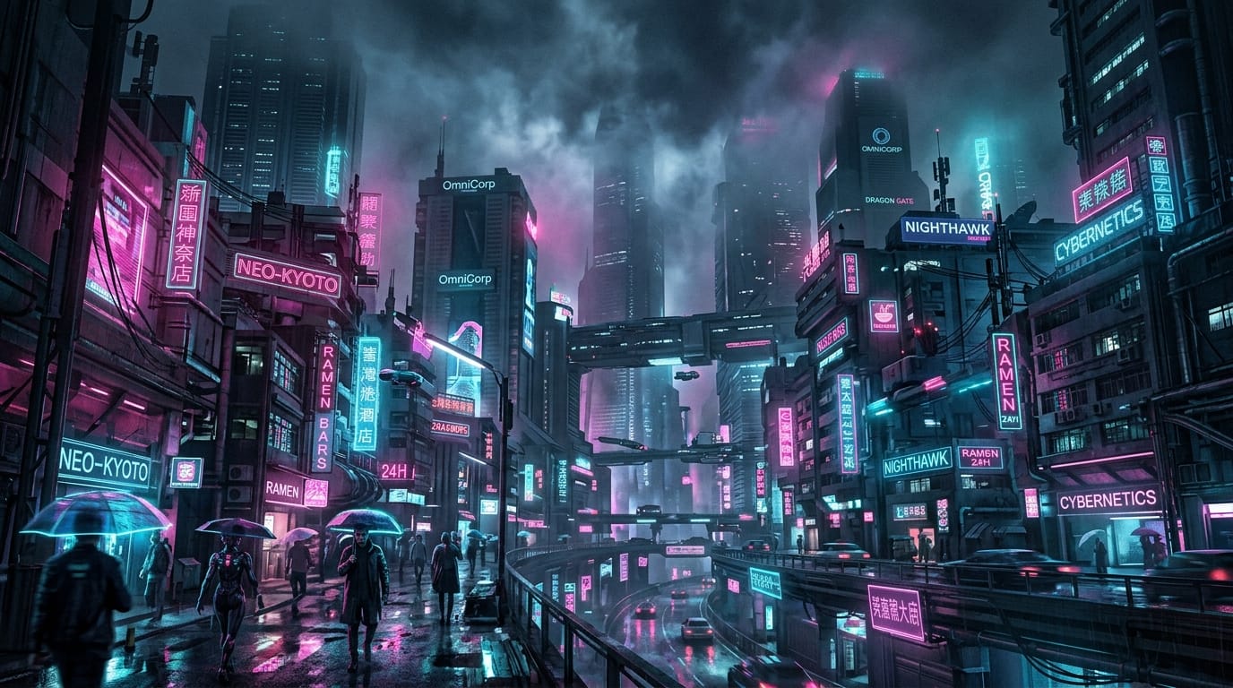 A futuristic cyberpunk city skyline at night, glowing neon pink and cyan lights reflecting on wet streets, towering skyscrapers piercing through heavy fog, cinematic composition, highly detailed matte painting style