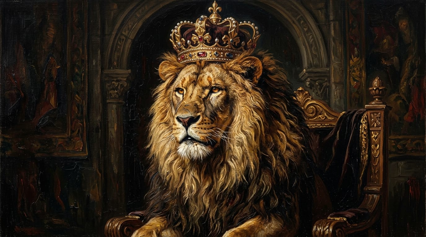 A classic renaissance style oil painting of a majestic lion wearing a royal crown, rich dramatic lighting, dark moody background, intricate fur details, visible canvas texture and thick paint strokes