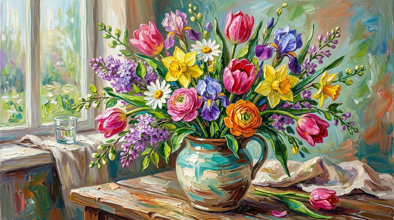 A vibrant bouquet of spring flowers in a ceramic vase, heavy palette knife texture, thick acrylic paint layers, vibrant saturated colors, impressionist style masterpiece