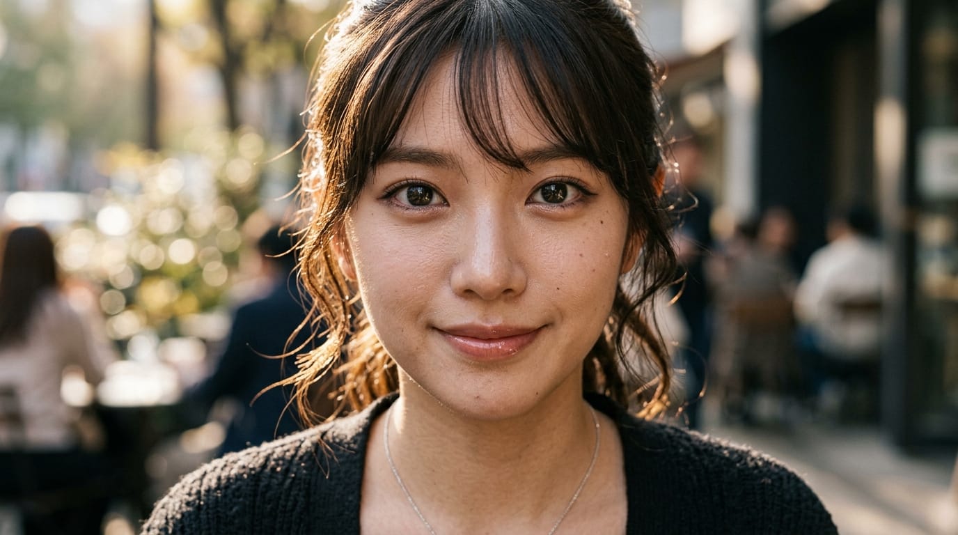 A hyper-realistic close-up portrait of a young female virtual idol, detailed skin texture, visible pores, soft natural sunlight, 85mm lens, slight lens distortion, cinematic lighting, highly detailed expressive eyes, looking directly at the camera.