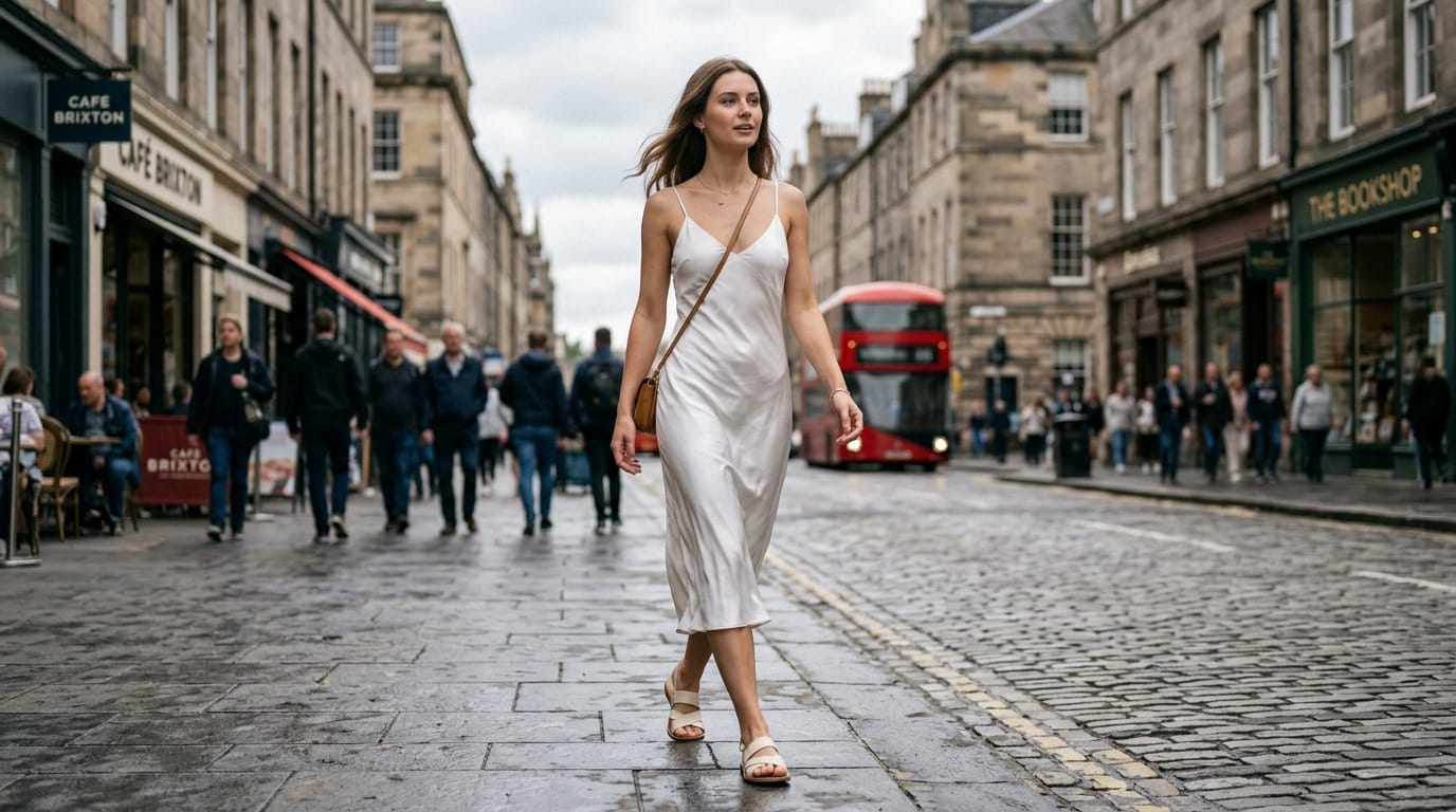 A full-body shot of a female virtual model walking on a city street, wearing a white silk slip dress, realistic clothing folds and material texture, digital camera aesthetic, accurate body proportions, overcast soft lighting, shallow depth of field.
