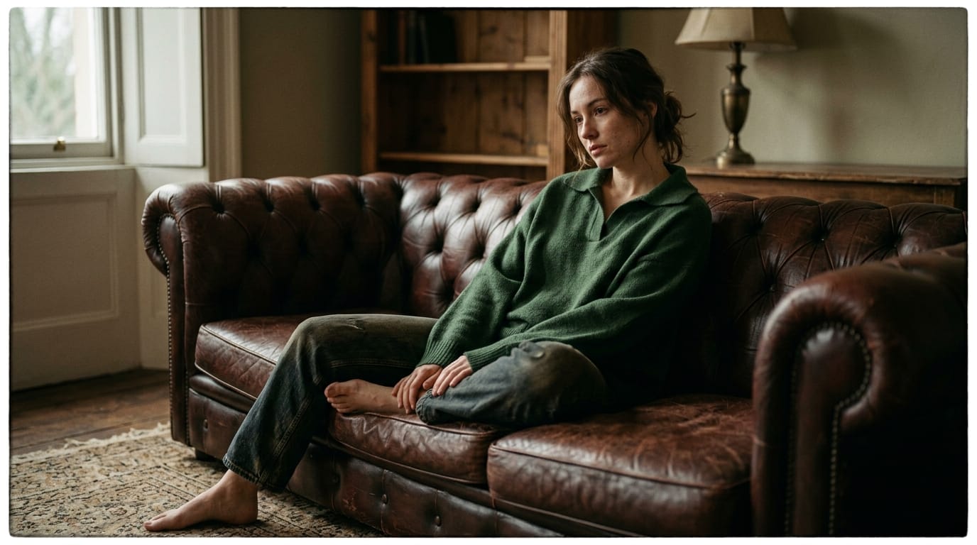 An editorial photobook shot of a young woman sitting on a vintage leather sofa, semi-NSFW aesthetic, moody dramatic lighting, film grain texture, analog camera style, highly detailed facial features, natural relaxed pose.