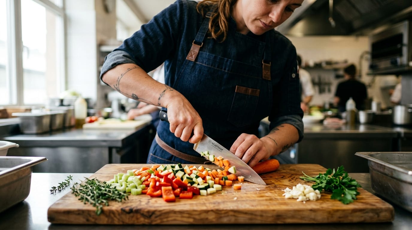 The chef smoothly chops fresh vegetables on a wooden cutting board, maintaining a steady and safe knife technique, soft natural lighting illuminating the workspace, shallow depth of field focusing strictly on the hands and the cutting board