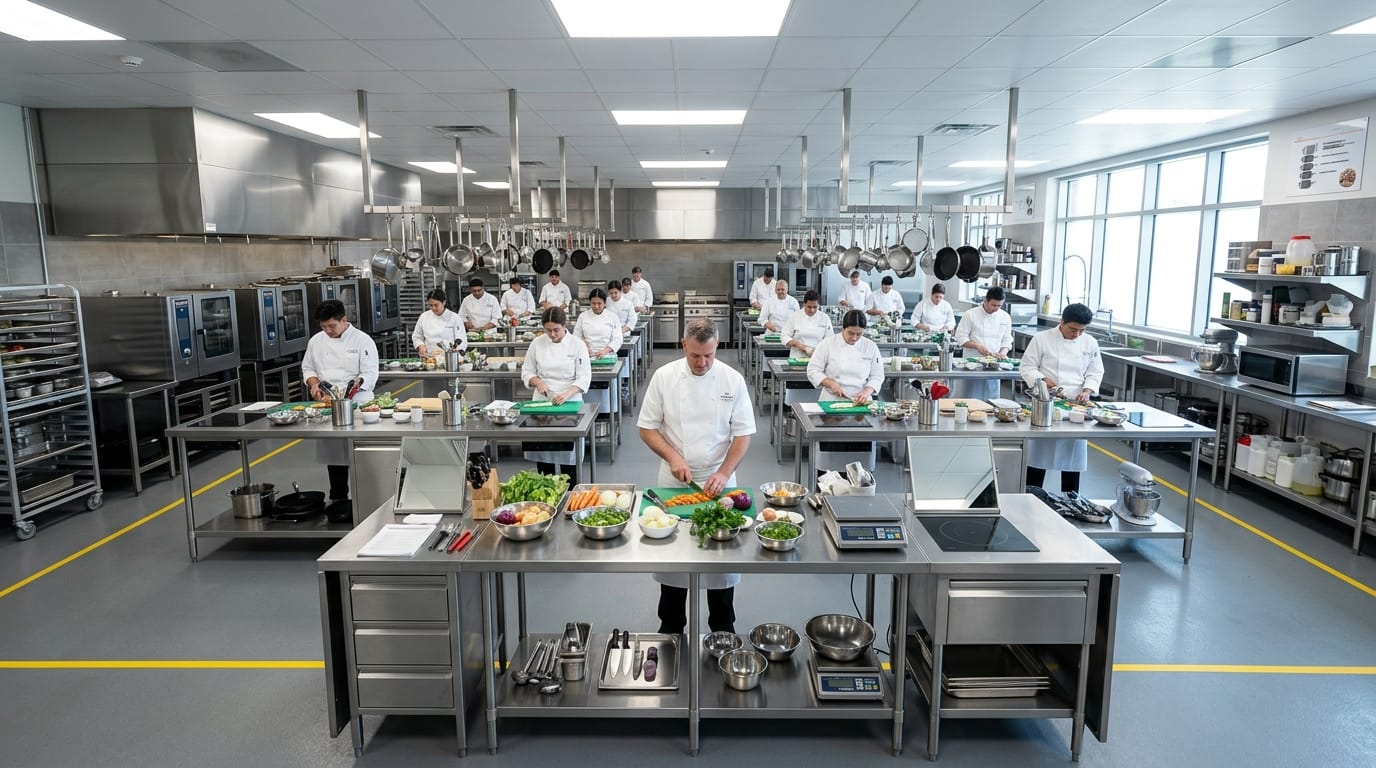 A wide establishing shot of a modern culinary training kitchen, stainless steel workstations neatly arranged, bright overhead fluorescent lighting, a chef instructor standing at the front workstation preparing ingredients, clean and structured composition