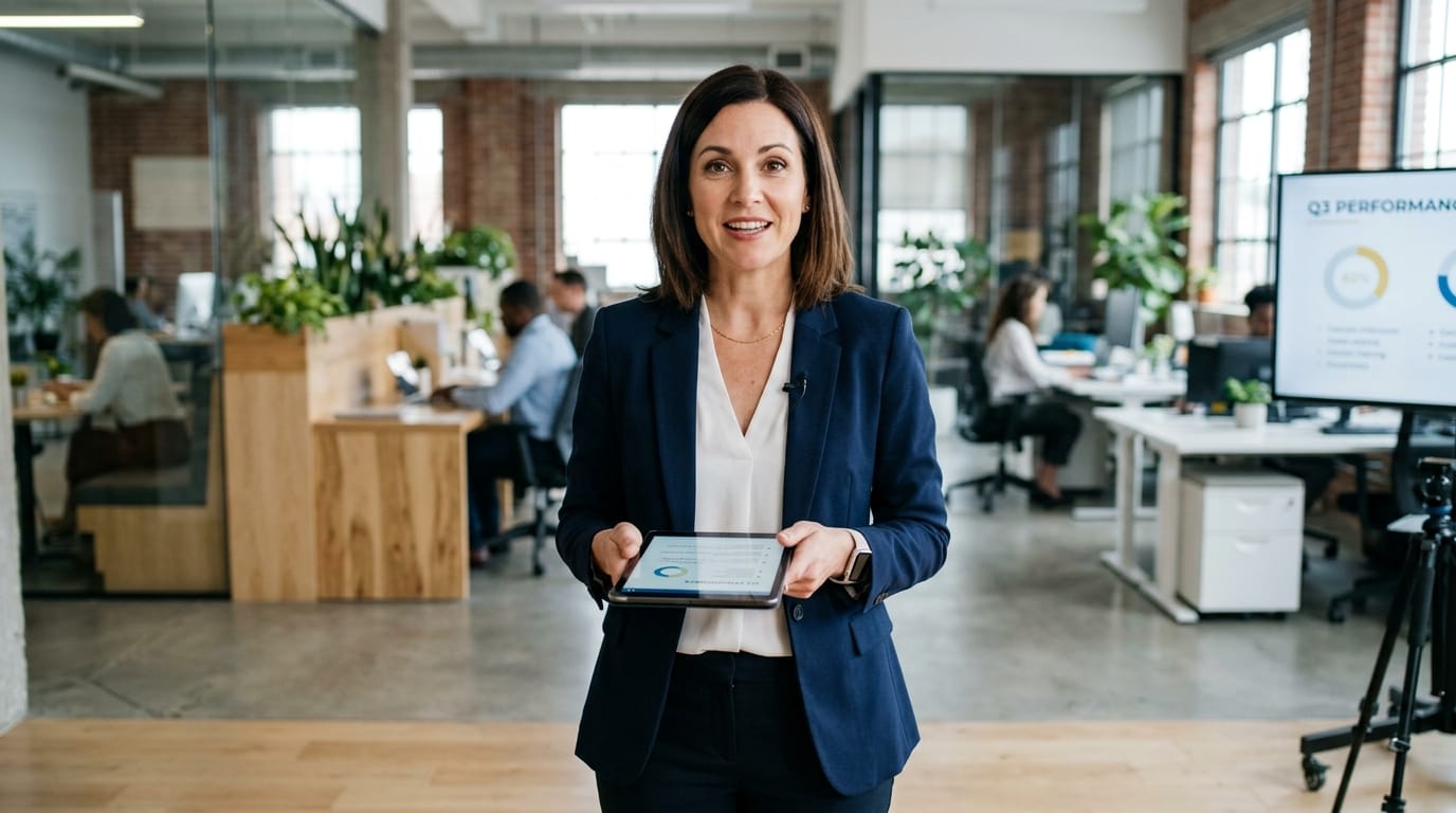 A medium shot of a female corporate trainer in a navy blue blazer standing in a bright modern office, speaking directly to the camera with a warm and professional expression, holding a digital tablet, stable tripod shot, 4k resolution