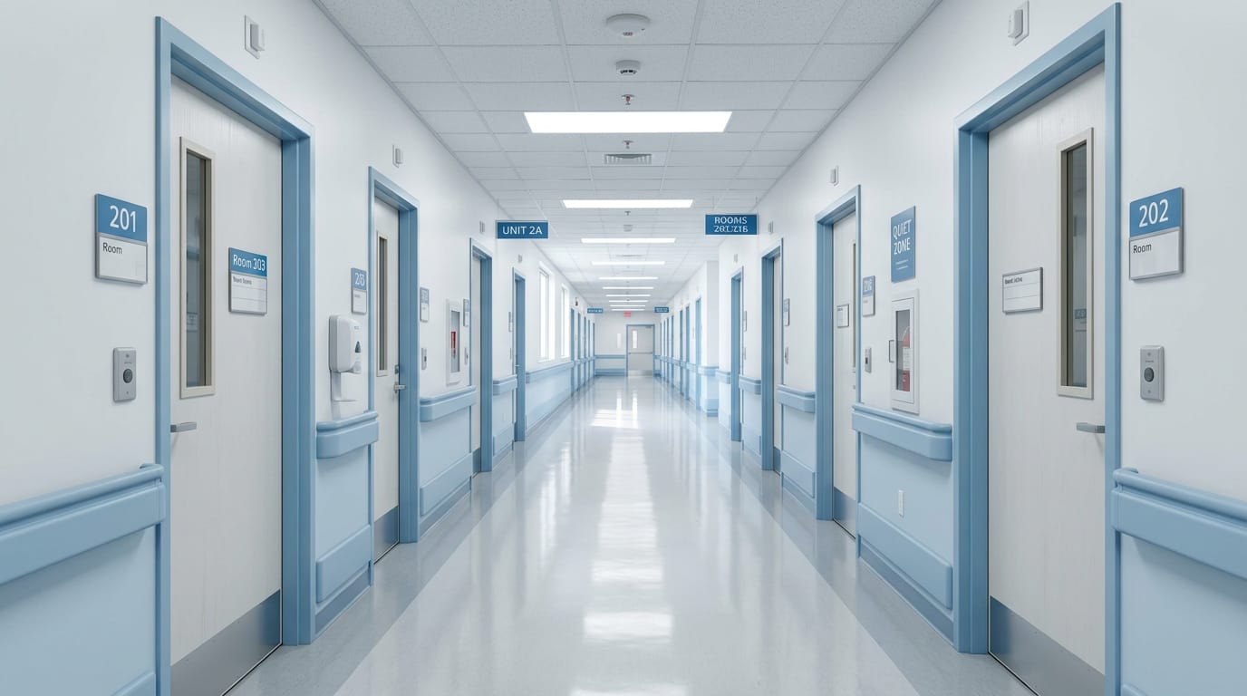 The camera slowly pushes forward down the clean hospital corridor, maintaining the sterile white and light blue color palette, passing by closed patient doors, smooth steadycam movement, realistic institutional lighting