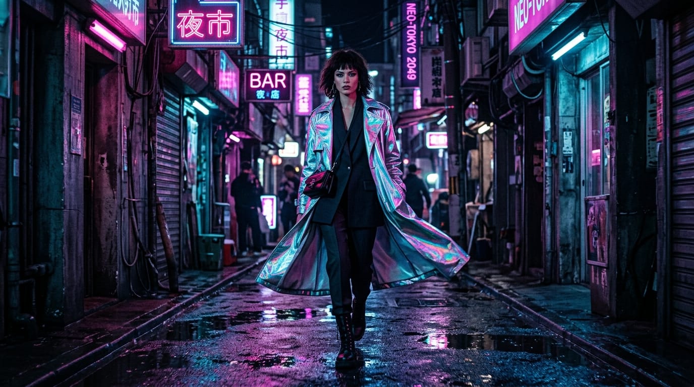 A high-end fashion commercial sequence featuring a female model walking down a neon-lit urban alleyway at night. She wears a flowing iridescent silver trench coat that reflects the pink and blue neon lights. The camera tracks backward, keeping her centered. Cinematic lighting, cyberpunk aesthetic, professional fashion editorial style.