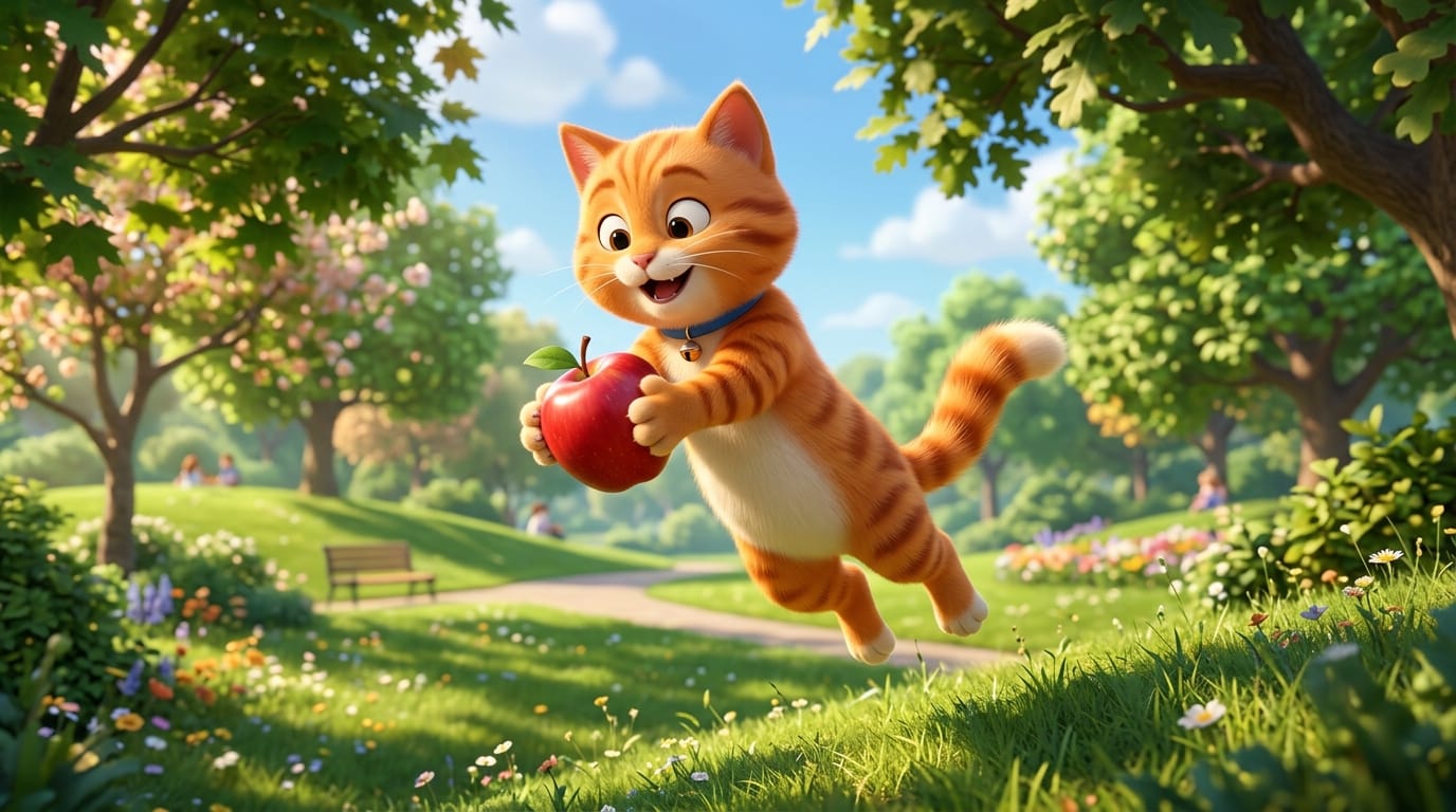 The animated 3D orange cat character jumps joyfully and catches a falling red apple. The character maintains consistent textures and lighting with the original image. Bright sunny park background, vibrant colors, smooth animation, cheerful and energetic movement.