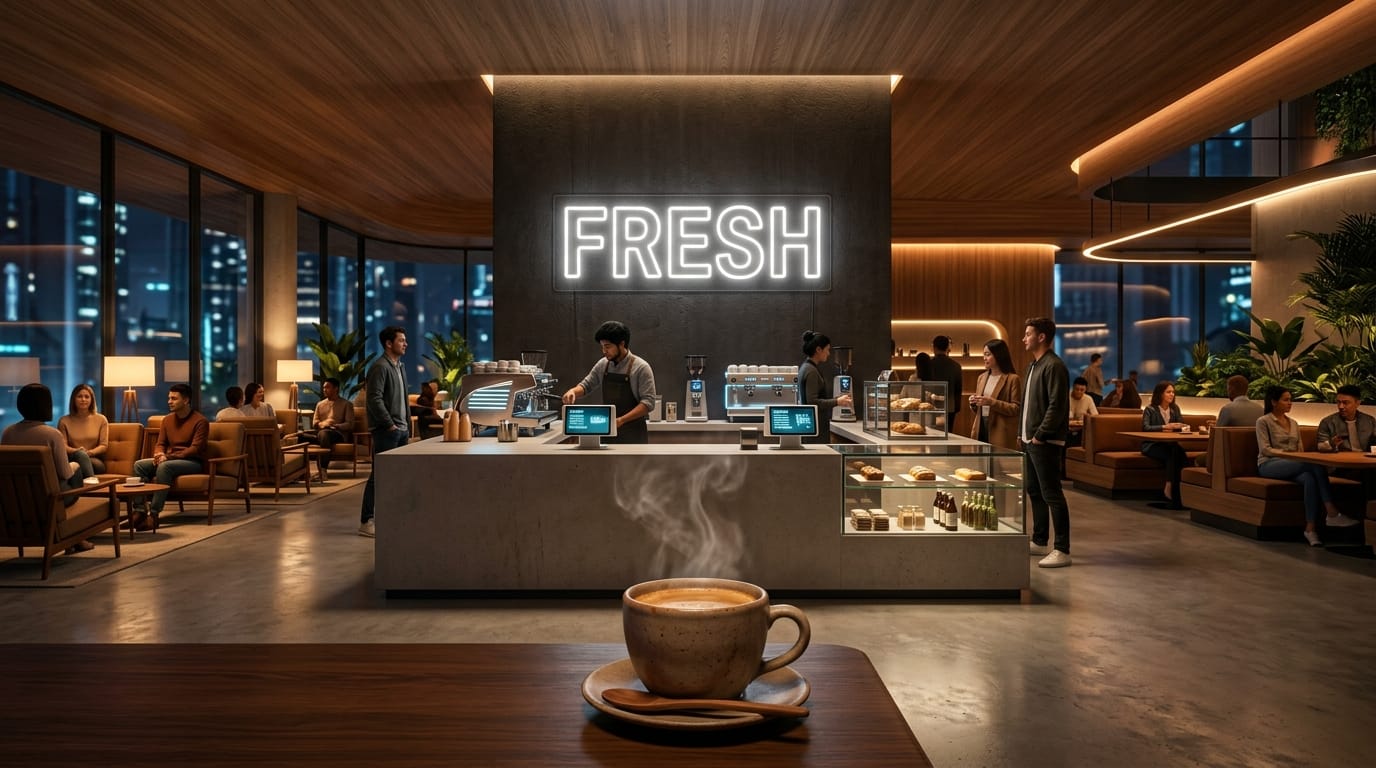 A cinematic wide shot of a futuristic coffee shop interior. On the clean minimalist counter, a glowing neon sign clearly displays the word FRESH in bold white typography. Steam gently rises from a ceramic cup in the foreground. Warm ambient lighting, cozy yet modern atmosphere, stable camera.