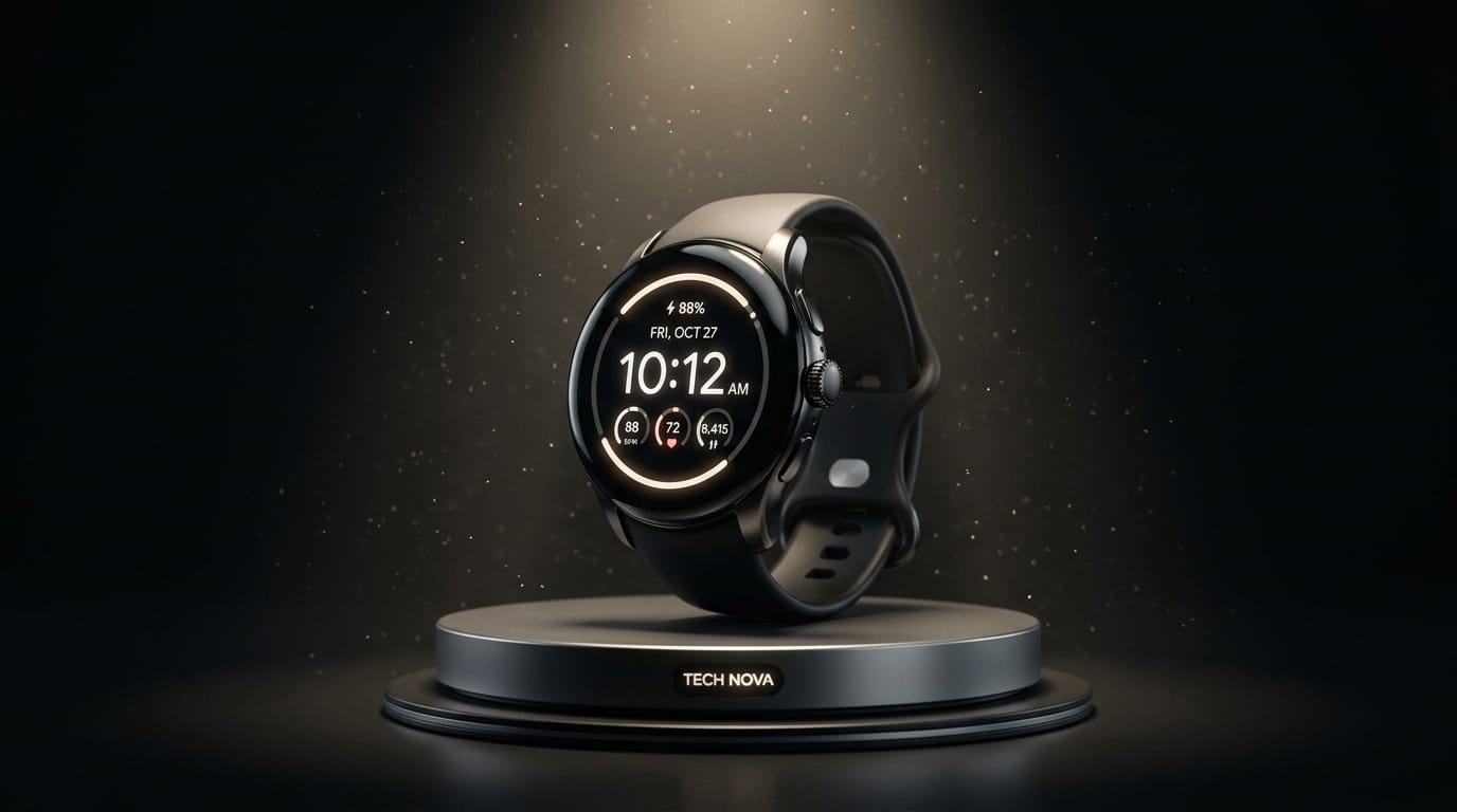 The sleek black smartwatch on the pedestal slowly rotates 360 degrees, revealing its metallic casing and glowing digital interface. The dark background features subtle floating dust particles illuminated by a single overhead spotlight. Smooth, continuous motion, high-end tech product showcase.