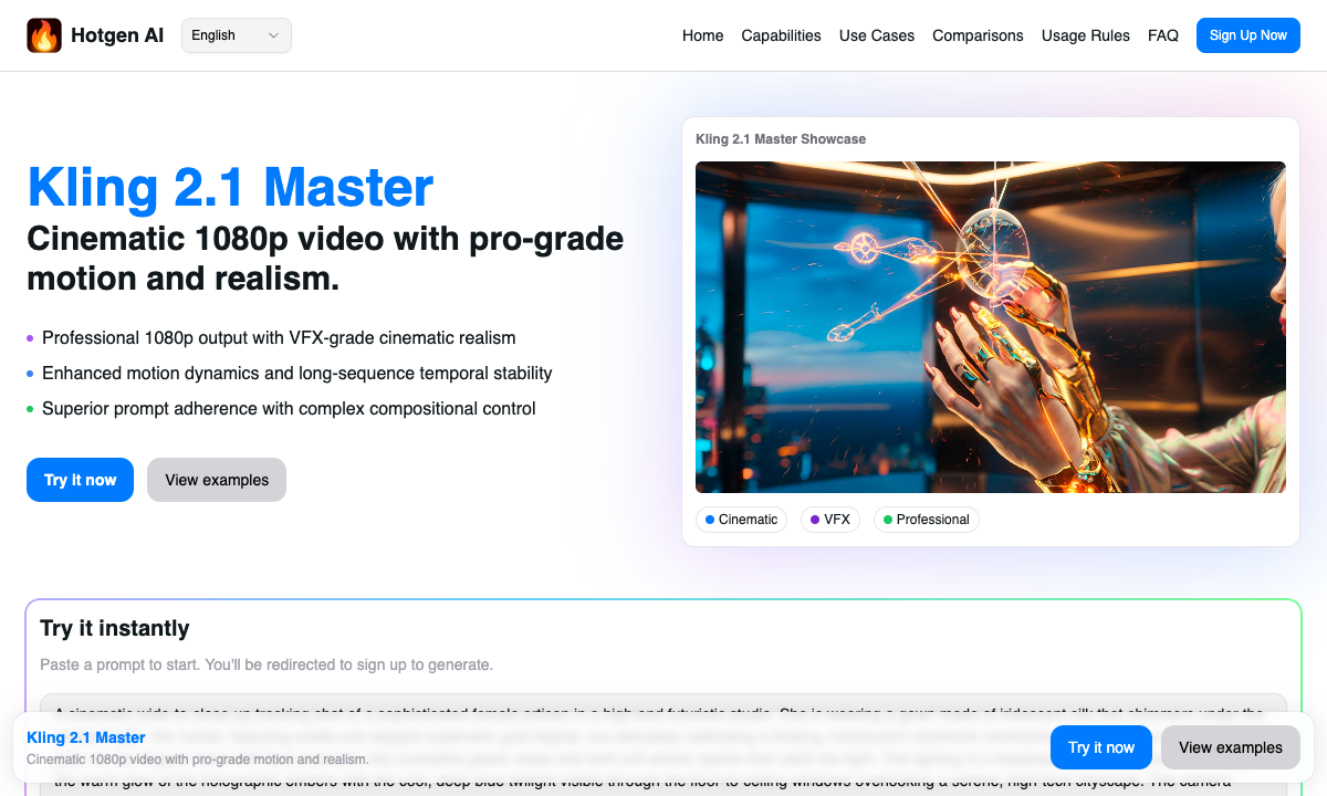 Kling 2.1 Master 落地页截图